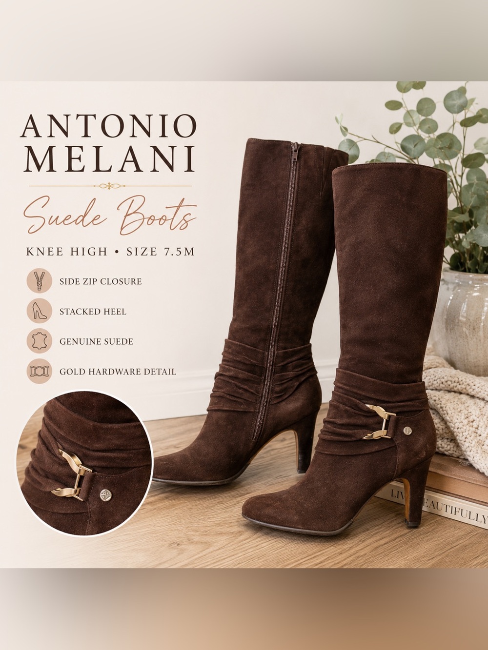 Antonio Melani Brown Suede Knee High Heeled Boots Size 7.5M